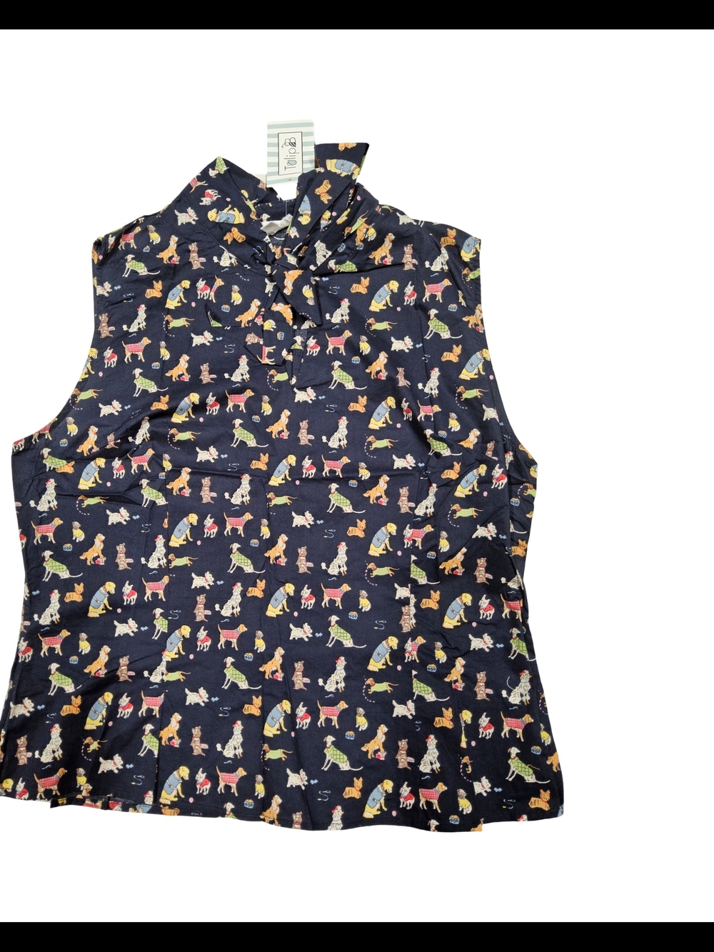 NWOT Size Lg Tulip B Sleeveless Tie-Neck Dog Print Top - Navy